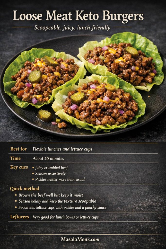 Loose meat keto burgers served in lettuce cups with juicy seasoned ground beef, pickles, red onion, and a mini recipe card for flexible low-carb lunches.
