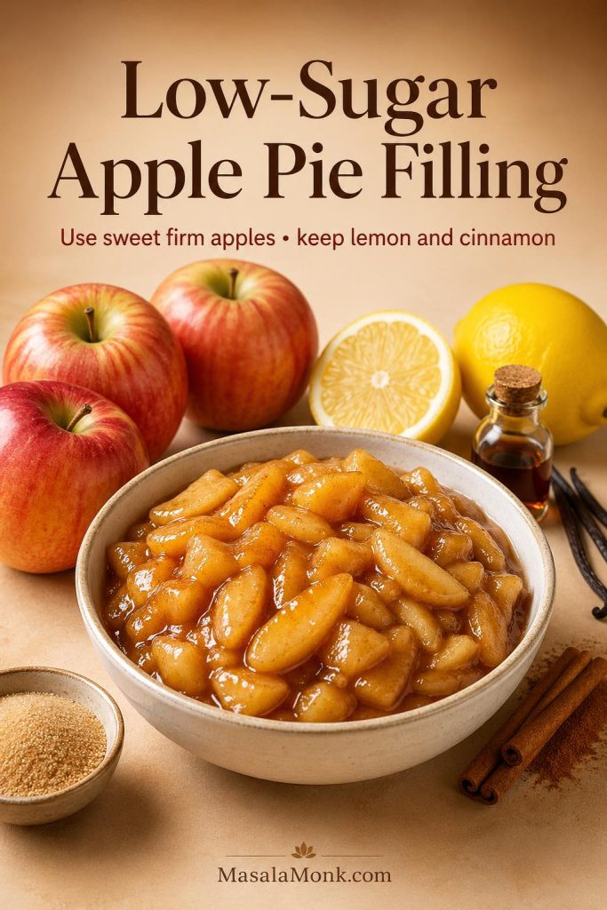 Low-sugar apple pie filling with sweet firm apples, lemon, cinnamon, vanilla, and a small amount of sugar.