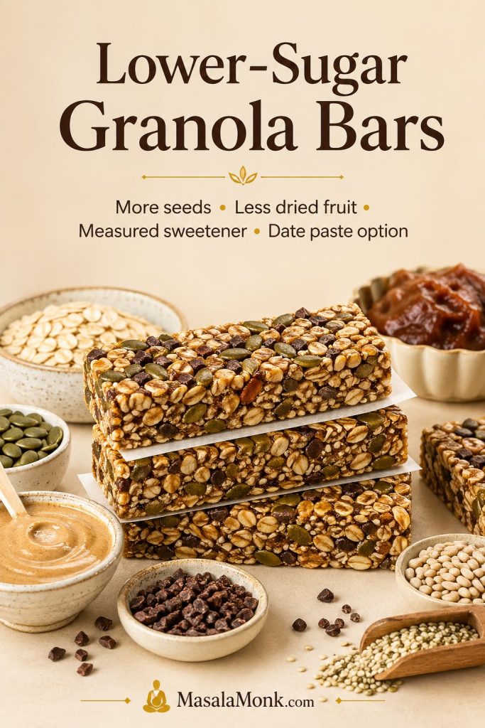 Lower-sugar granola bars made with oats, seeds, measured sweetener, nut butter, and a date paste option.
