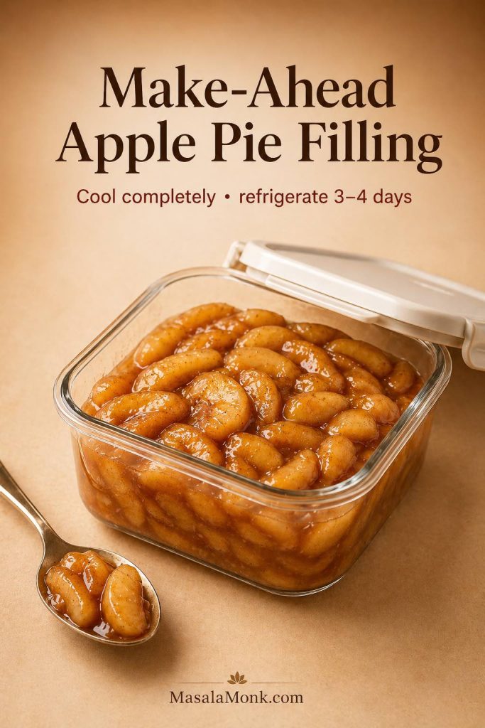 Make-ahead apple pie filling in an airtight container for refrigerator storage, with a note to cool completely and refrigerate 3 to 4 days.