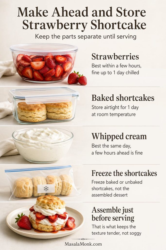 Make-ahead and storage guide for strawberry shortcake showing chilled strawberries, baked shortcakes stored airtight, whipped cream, frozen shortcakes, and the dessert assembled just before serving.