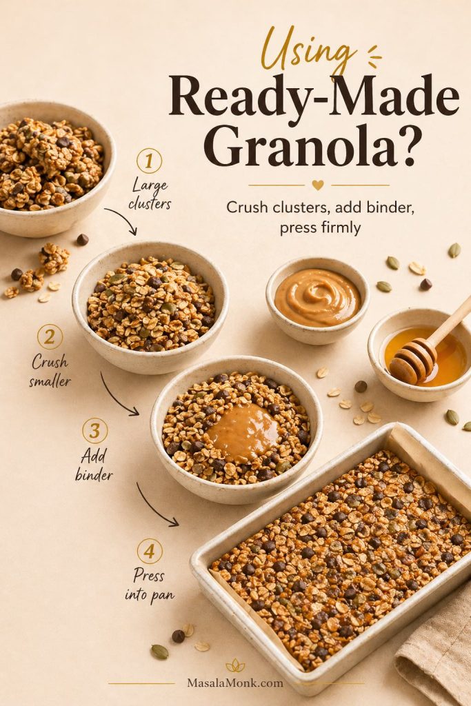 Guide showing ready-made granola clusters being crushed smaller, mixed with binder, and pressed into a pan for granola bars.