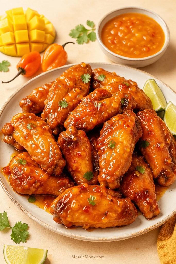 Glossy mango habanero chicken wings on a plate with mango, habanero peppers, lime wedges, and a bowl of orange wing sauce.