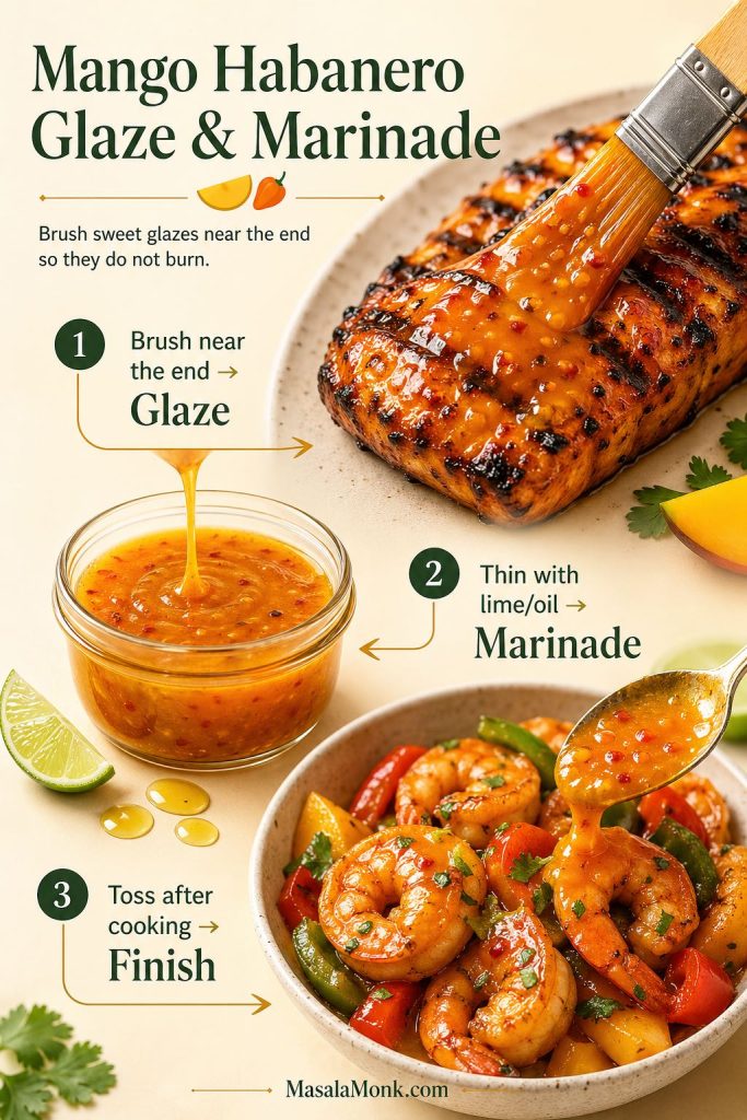 Mango habanero glaze and marinade guide showing sauce brushed on grilled food, thinned with lime and oil, and spooned over cooked shrimp.