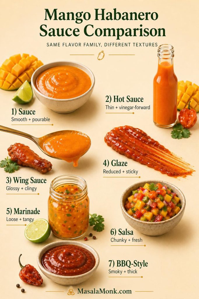Mango habanero sauce comparison showing sauce, hot sauce, wing sauce, glaze, marinade, salsa, and BBQ-style sauce with different textures.