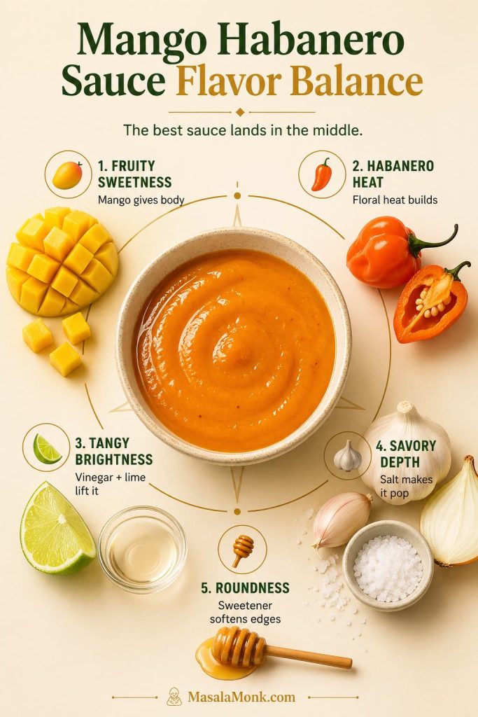 Mango habanero sauce flavor balance guide showing mango sweetness, habanero heat, vinegar and lime brightness, savory depth, and honey roundness.