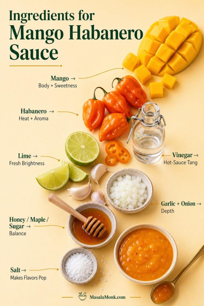 Ingredients for mango habanero sauce including ripe mango, habanero peppers, lime, vinegar, garlic, onion, honey, salt, and finished sauce.