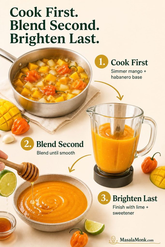 Three-step method for mango habanero sauce showing mango and habanero simmering, blending smooth, and finishing with lime and sweetener.