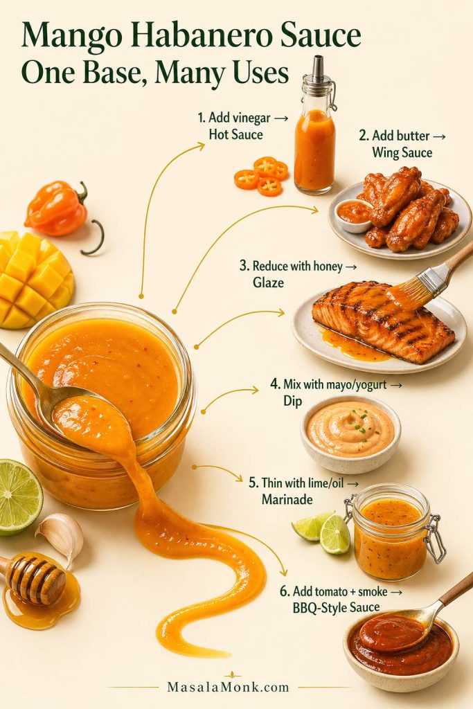 Homemade mango habanero sauce in a jar with arrows showing how to turn one base into hot sauce, wing sauce, glaze, dip, marinade, and BBQ-style sauce.