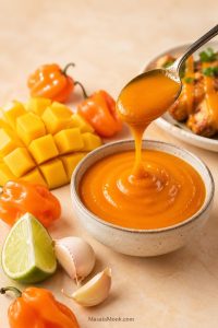 Glossy mango habanero sauce in a bowl with fresh mango, orange habanero peppers, lime, garlic and wings in the background.