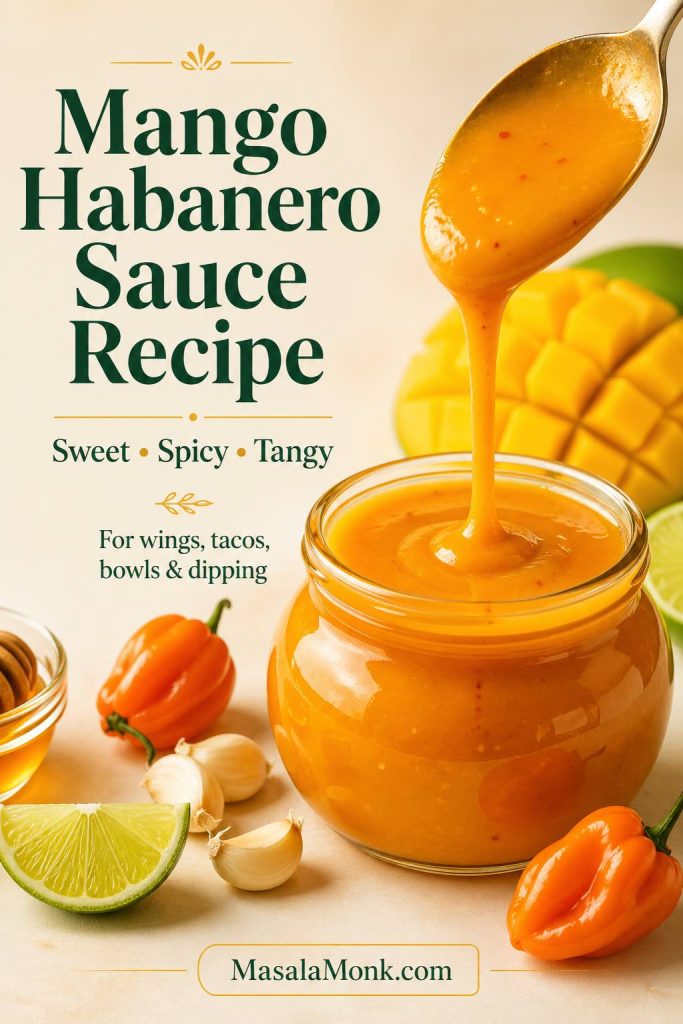 Mango habanero sauce recipe pin with glossy orange sauce in a jar, spoon pour, mango, habanero peppers, lime, garlic, and honey.