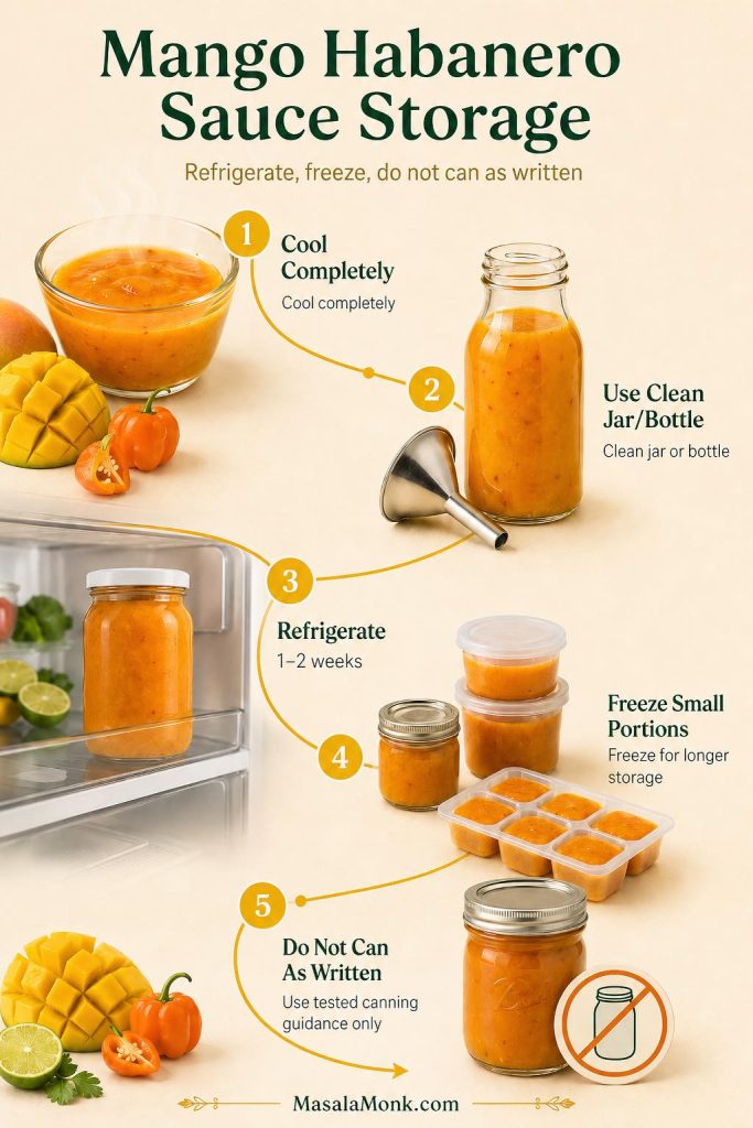 Mango habanero sauce storage guide showing sauce cooling, being bottled, refrigerated for 1–2 weeks, frozen in small portions, and not canned as written.