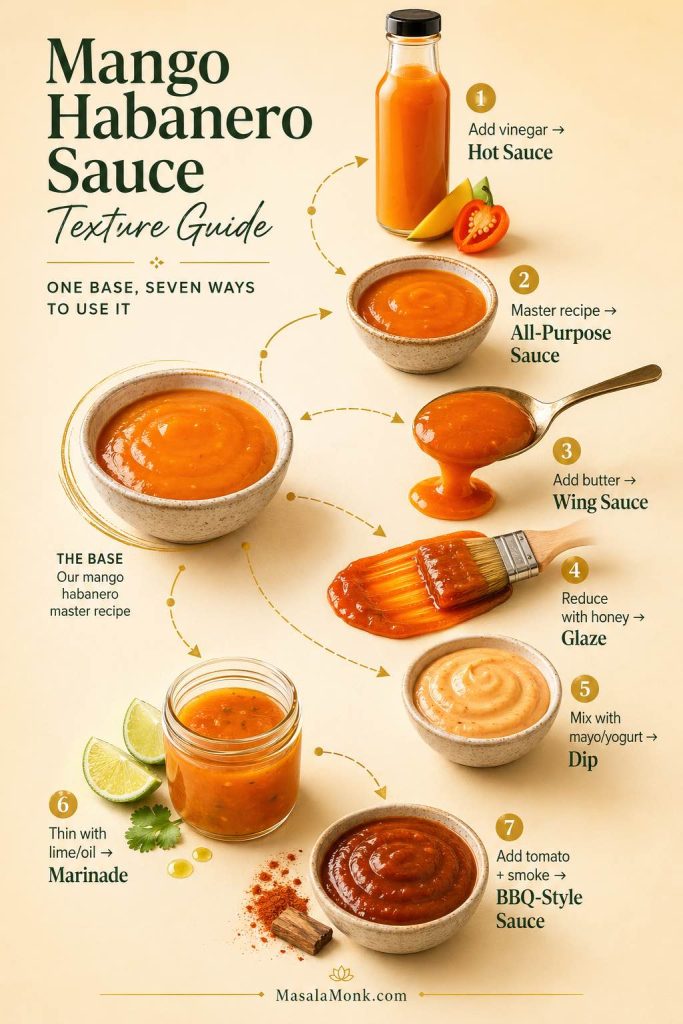 Mango habanero sauce texture guide showing how one base becomes hot sauce, all-purpose sauce, wing sauce, glaze, dip, marinade, and BBQ-style sauce.