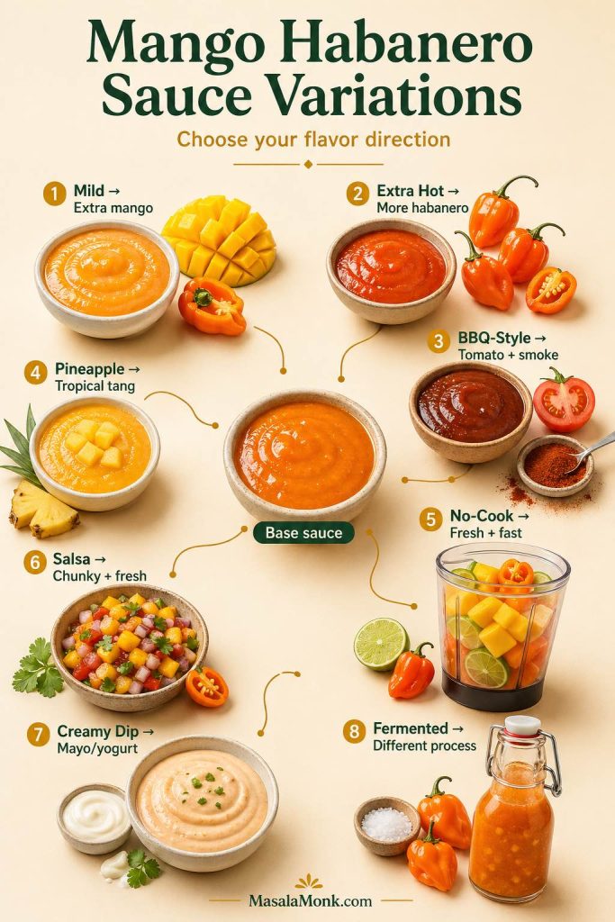 Mango habanero sauce variations guide showing mild, extra hot, BBQ-style, pineapple, no-cook, salsa, creamy dip, and fermented hot sauce options.