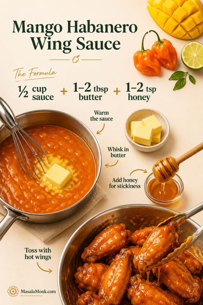 Mango habanero wing sauce formula showing ½ cup sauce, butter, honey, warm sauce, whisk in butter, add honey, and toss with hot wings.