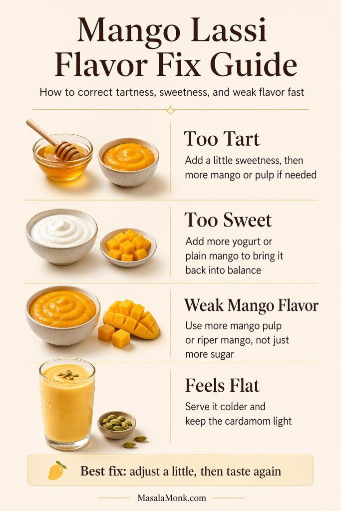 Mango lassi flavor fix guide showing how to correct tart, sweet, weak, or flat flavor with simple adjustments.