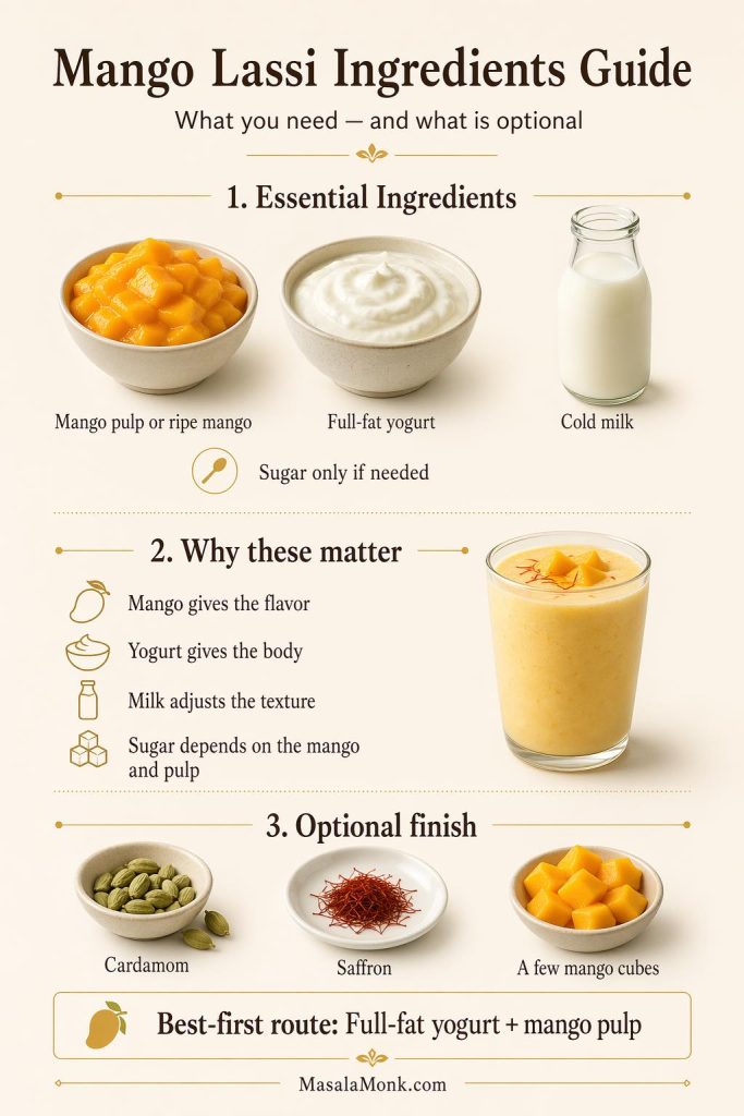 Mango lassi ingredients guide showing mango pulp or ripe mango, full-fat yogurt, cold milk, optional cardamom and saffron, and the best-first route with mango pulp.