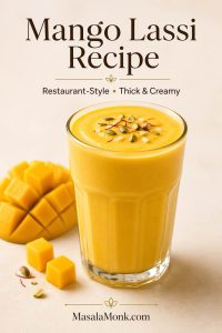 Social-share cover image for mango lassi recipe showing a thick creamy restaurant-style glass of mango lassi