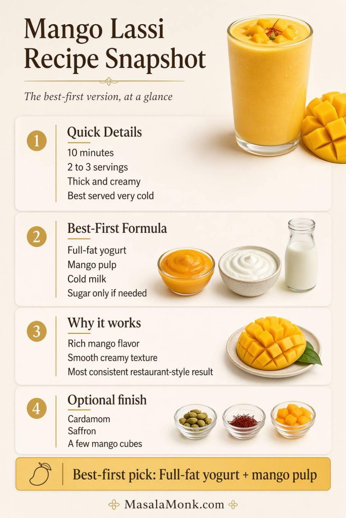Mango lassi recipe snapshot showing time, servings, best-first formula with full-fat yogurt and mango pulp, and optional finish ingredients.
