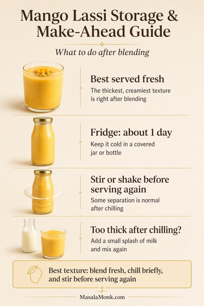 Storage and make-ahead guide for mango lassi showing best served fresh, fridge storage for about 1 day, stirring before serving again, and adding milk if it thickens after chilling.