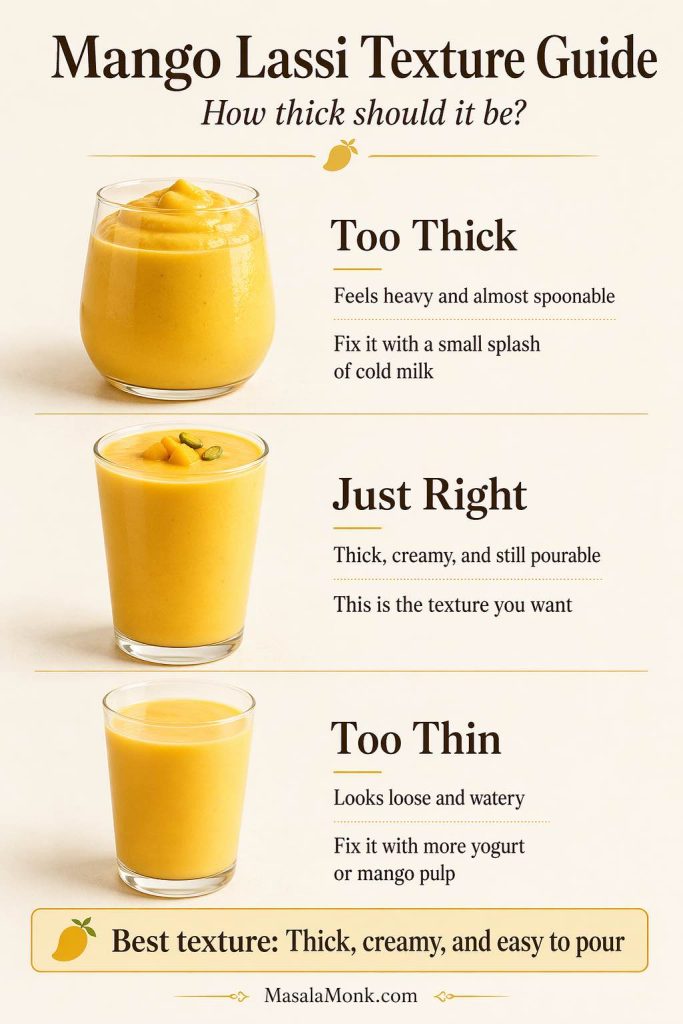 Mango lassi texture guide showing too thick, just right, and too thin consistency with quick fixes.