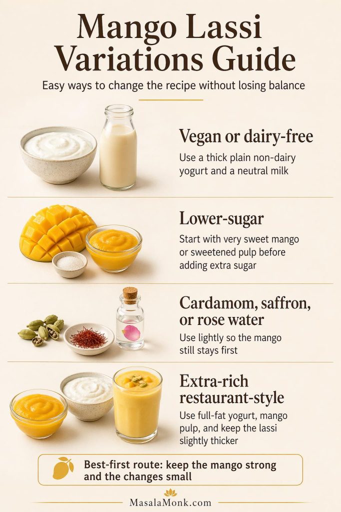 Mango lassi variations guide showing vegan or dairy-free, lower-sugar, lightly spiced, and extra-rich restaurant-style options.