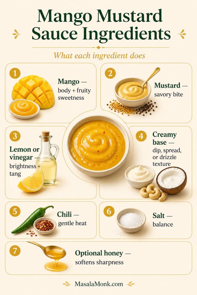 Mango mustard sauce ingredients guide showing mango, mustard, lemon or vinegar, creamy base, chili, salt, and optional honey with each ingredient’s role.