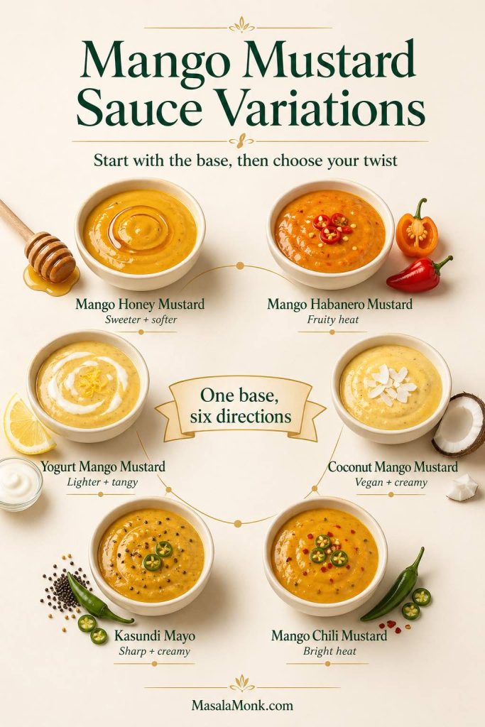 Mango mustard sauce variations guide showing mango honey mustard, mango habanero mustard, yogurt mango mustard, coconut mango mustard, kasundi mayo, and mango chili mustard.