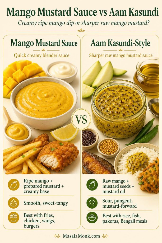 Side-by-side comparison of creamy mango mustard sauce made with ripe mango and prepared mustard versus aam kasundi made with raw mango, mustard seeds, and mustard oil.
