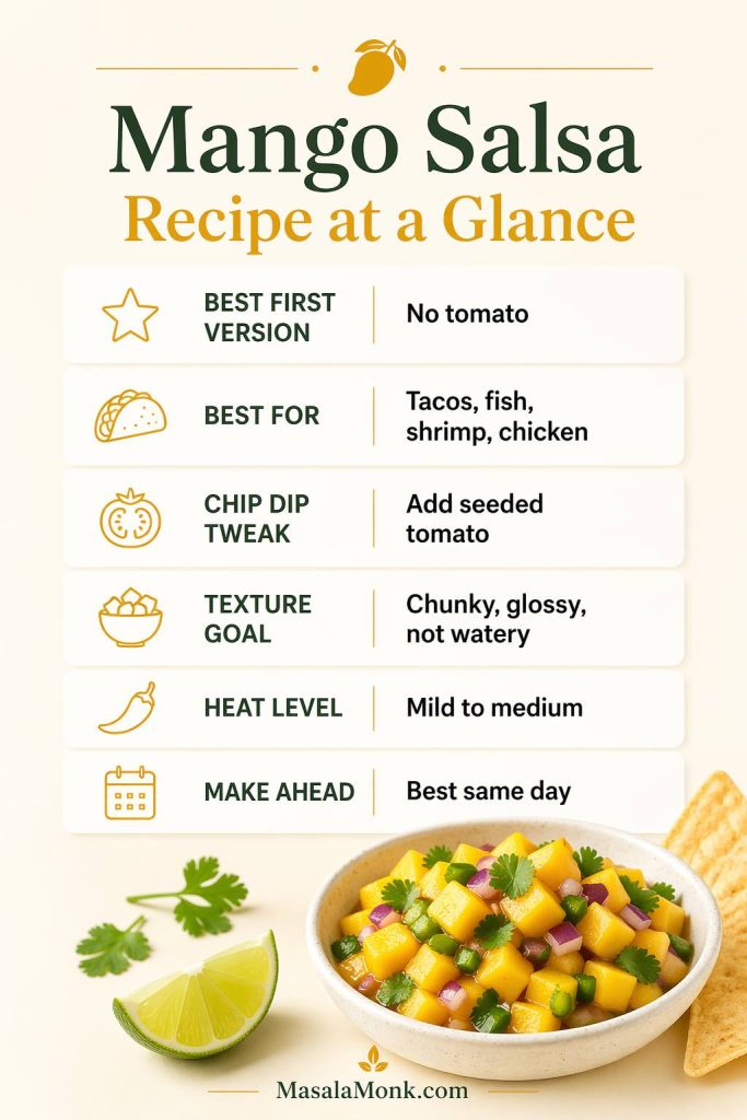 Mango salsa recipe at-a-glance guide showing no tomato as the best first version, serving ideas, chip dip tweak, texture goal, heat level, and make-ahead timing.