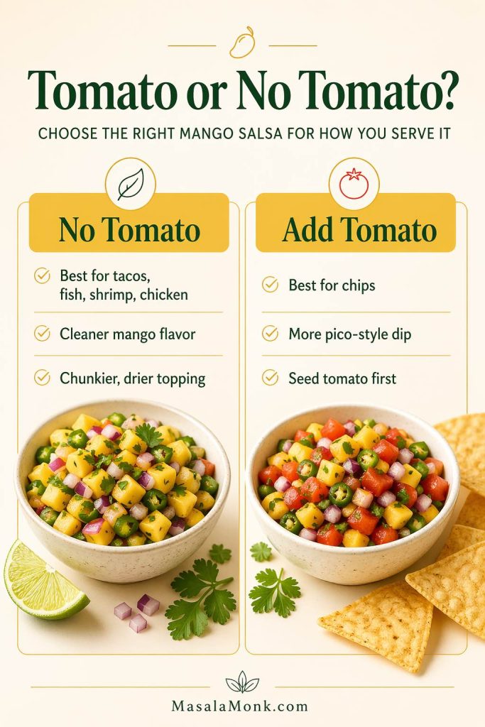 Comparison card showing no-tomato mango salsa for tacos, fish, shrimp, and chicken beside mango salsa with tomato for chips and pico-style dip.