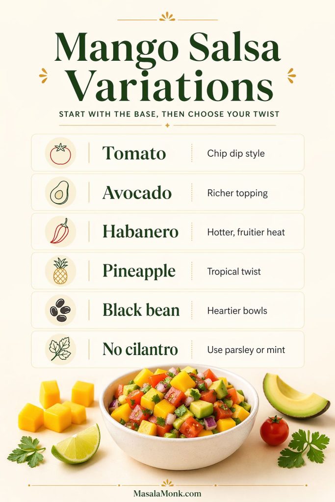Mango salsa variations guide showing tomato, avocado, habanero, pineapple, black bean, and no-cilantro options for changing the base recipe.