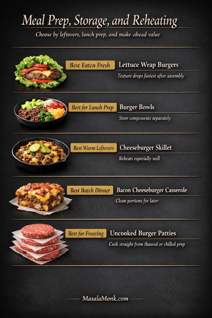 Meal prep, storage, and reheating guide for keto hamburger recipes showing the best options for fresh eating, lunch prep, warm leftovers, batch dinners, and freezing.