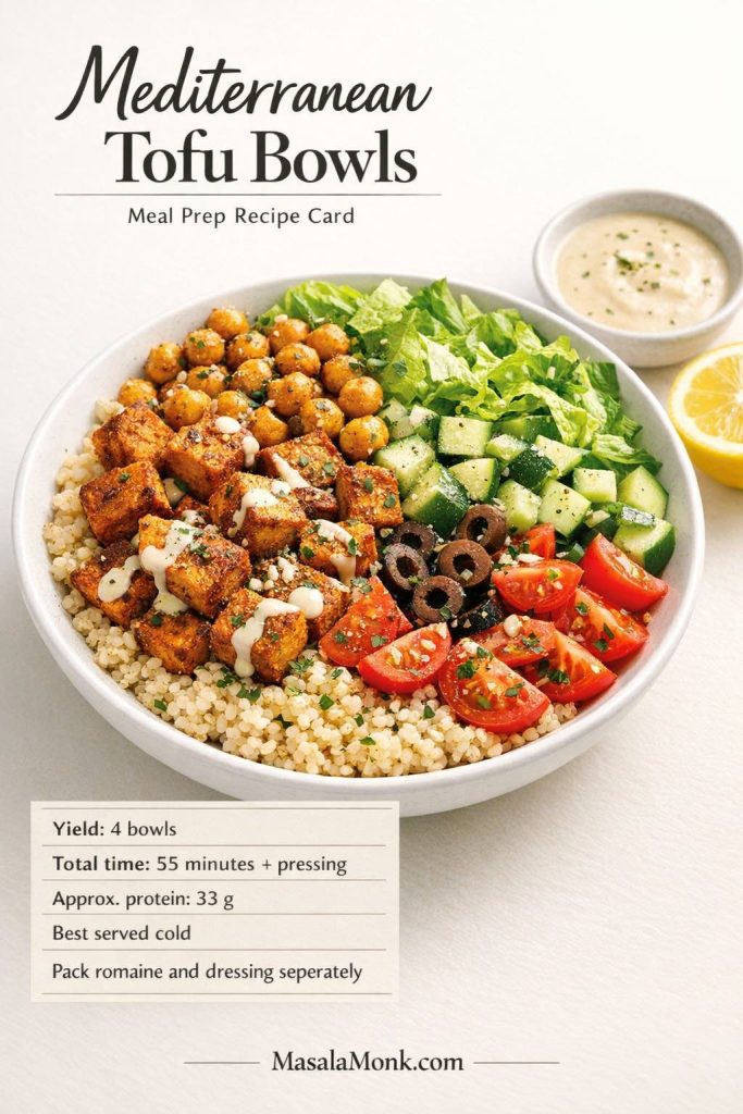 Mediterranean tofu bowls recipe card showing quinoa, spiced tofu, roasted chickpeas, romaine, cucumber, tomatoes, olives, and creamy dressing for cold tofu meal prep.