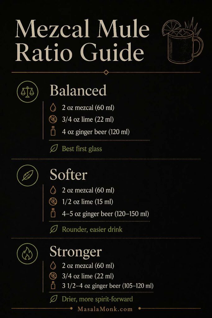 Mezcal mule ratio guide showing balanced, softer, and stronger drink ratios with mezcal, lime juice, and ginger beer measurements.
