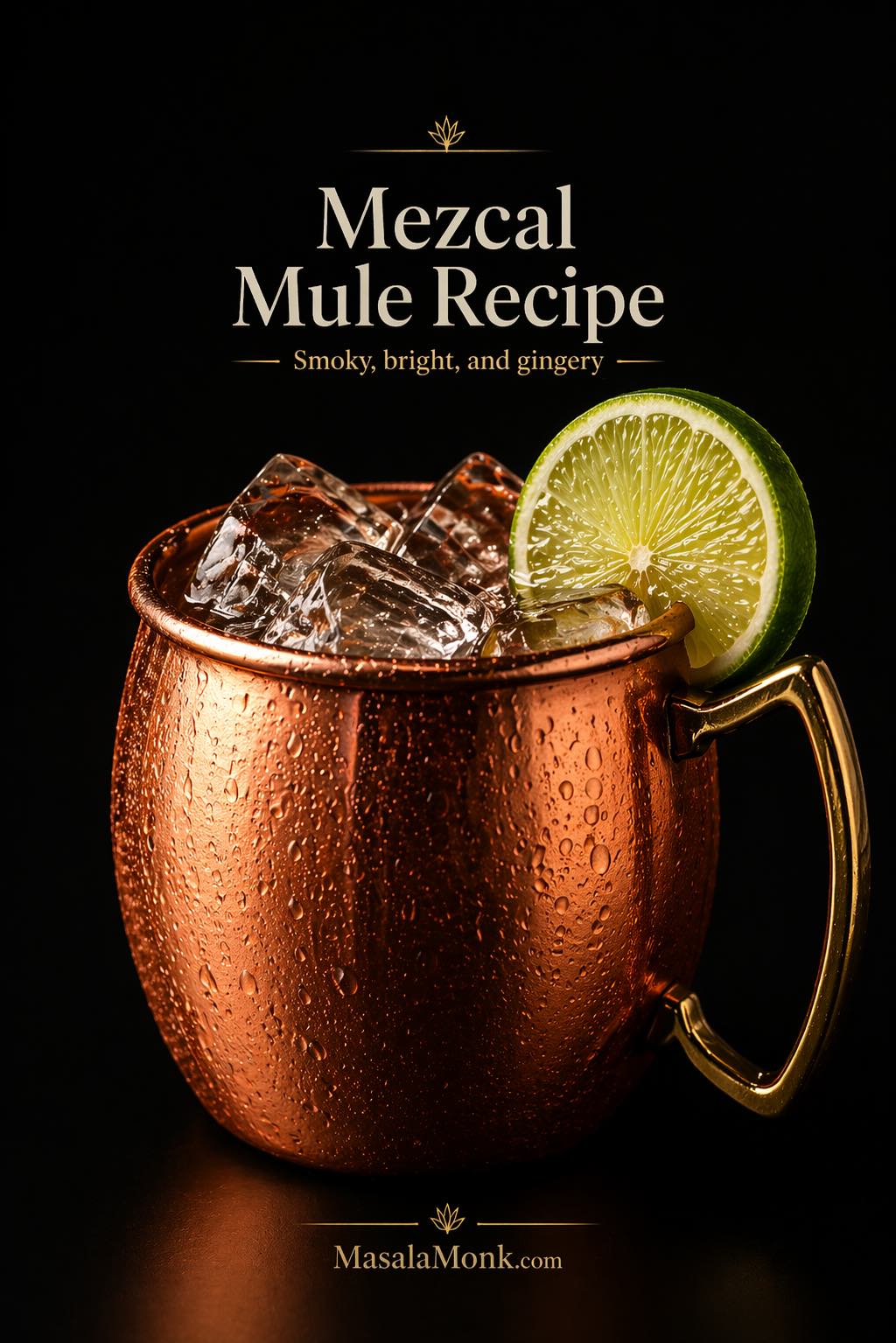 Mezcal mule recipe in a copper mug with ice and lime garnish on a dark background.