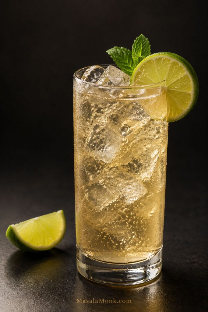 Finished mezcal mule recipe in a clear tall glass with ice, lime garnish, mint, and a crisp dark editorial presentation.