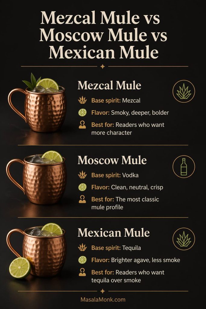 Mezcal Mule vs Moscow Mule vs Mexican Mule comparison showing base spirits, flavor differences, and which mule drink to choose.