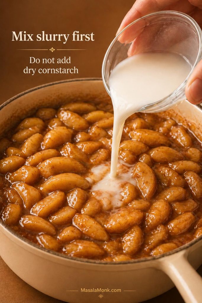 Smooth cornstarch slurry being poured into simmering apple pie filling, with a warning to mix slurry first and not add dry cornstarch.