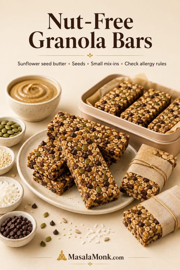 Nut-free granola bars made with seed butter, seeds, small mix-ins, and packed bars for storage or lunchboxes.