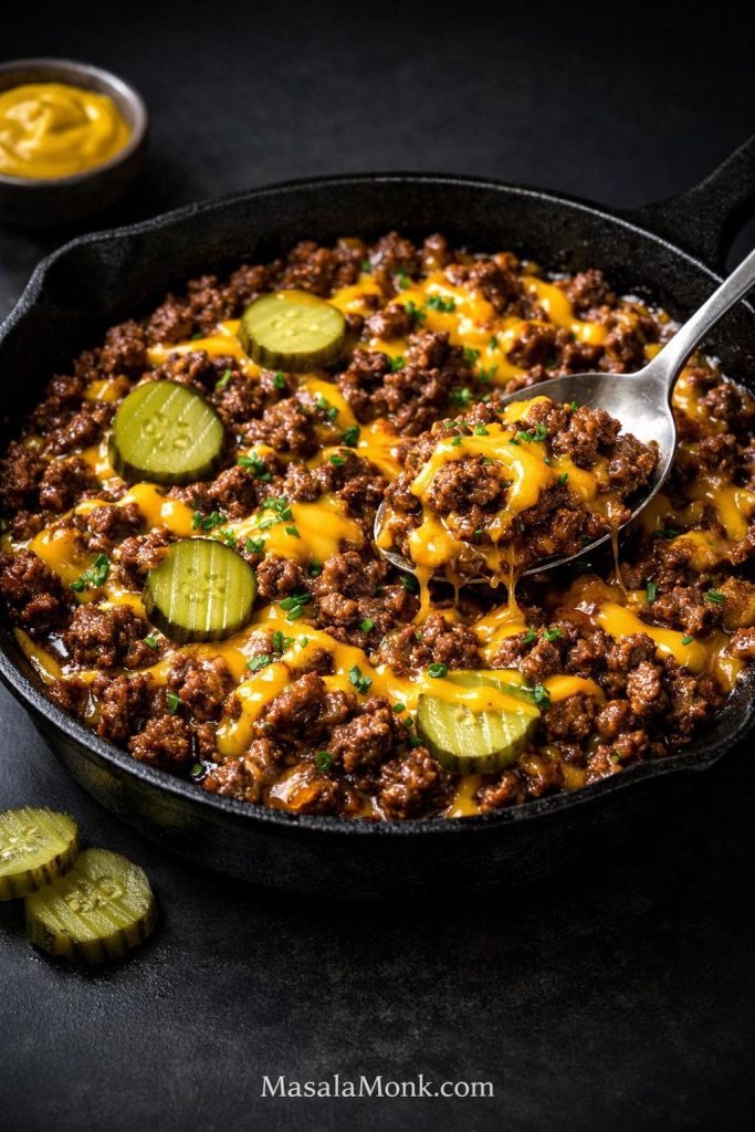 One-pan keto cheeseburger skillet with browned ground beef, melted cheddar, pickle slices, and a spoonful lifted from a cast-iron pan.
