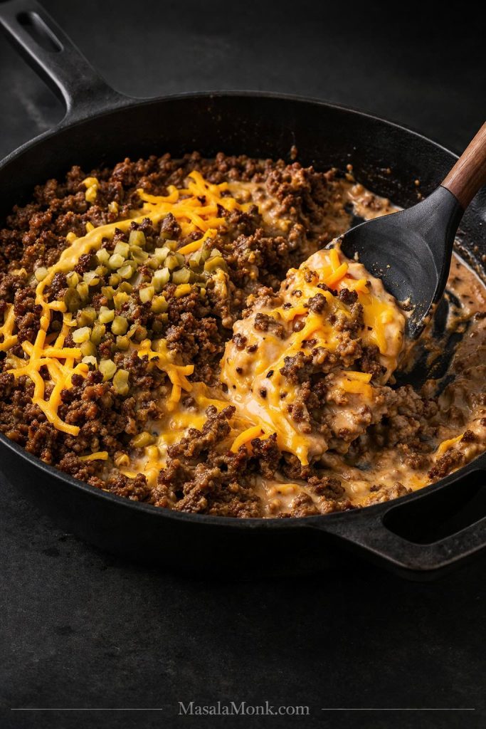 Black spatula lifting a one-pan keto cheeseburger skillet with browned ground beef, melted cheddar, chopped pickles, and creamy cheeseburger-style sauce in a cast-iron pan.