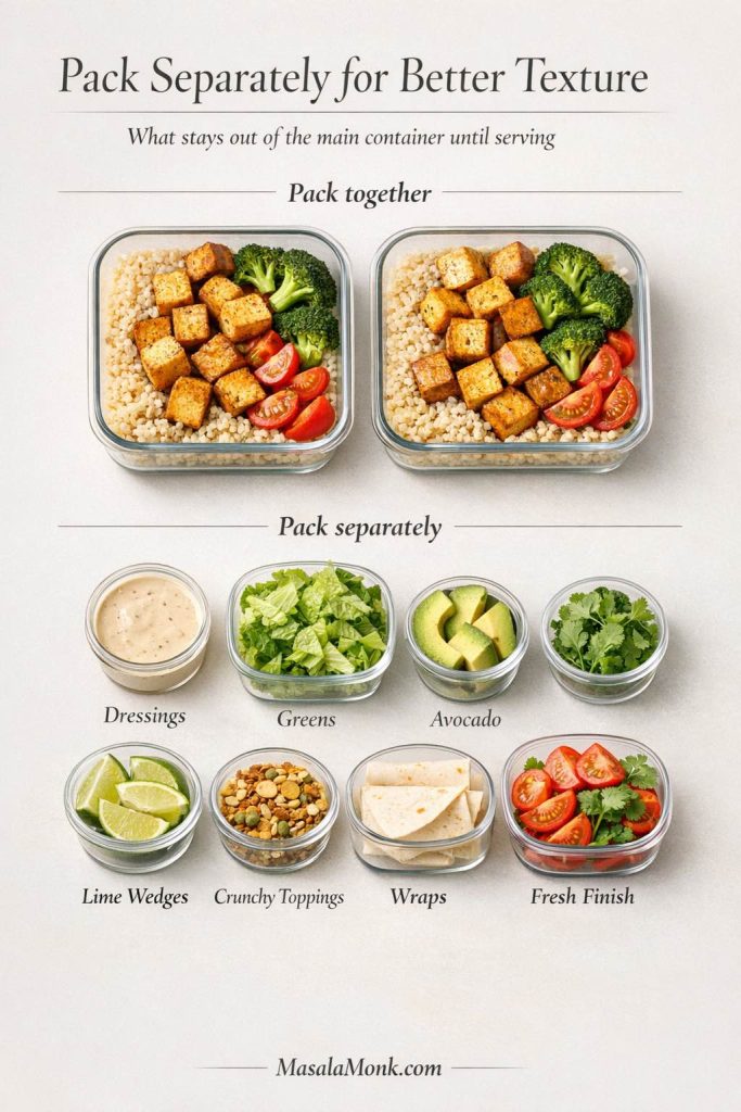 Tofu meal prep packing guide showing which ingredients can be packed together and which should be packed separately, including dressings, greens, avocado, lime wedges, crunchy toppings, wraps, and fresh finishing elements.
