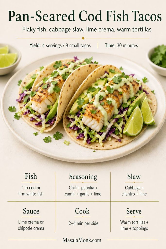 A saveable recipe card for pan-seared cod fish tacos with cabbage slaw, lime crema, warm tortillas, lime wedges, avocado, and quick notes for fish, seasoning, slaw, sauce, cooking time, and serving.