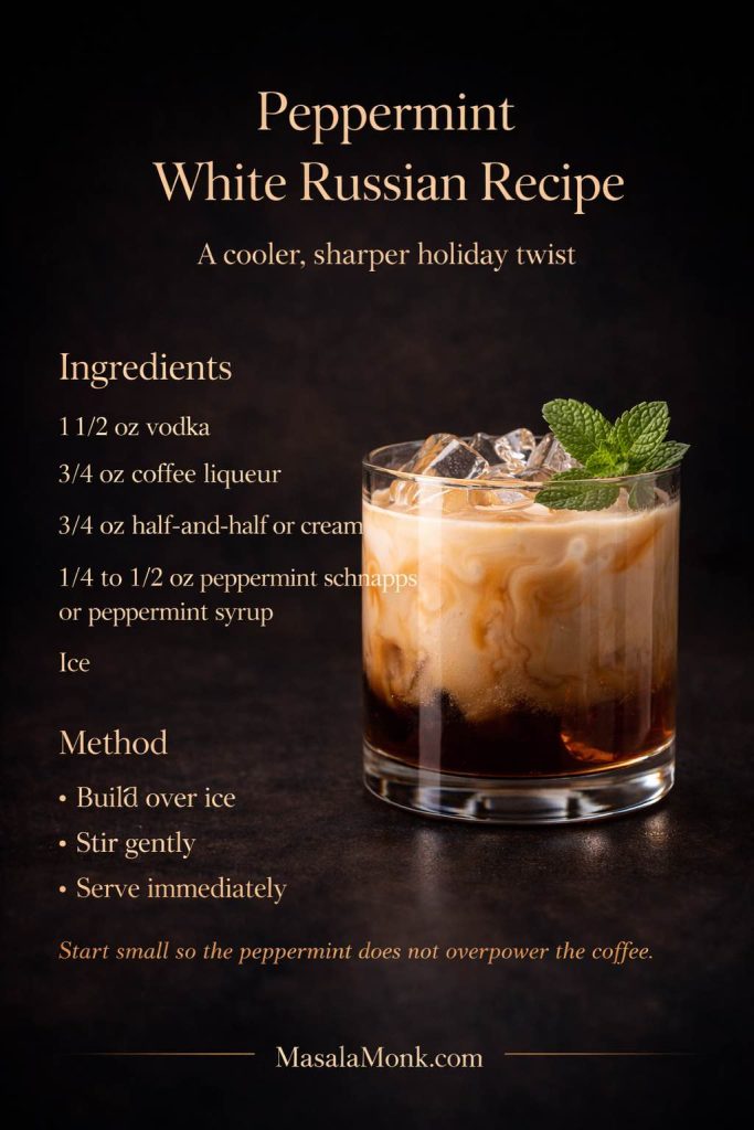 Peppermint White Russian recipe card showing a peppermint White Russian cocktail in a rocks glass over ice with a mint garnish and text overlay for ingredients, method, and a tip to keep the peppermint from overpowering the coffee.