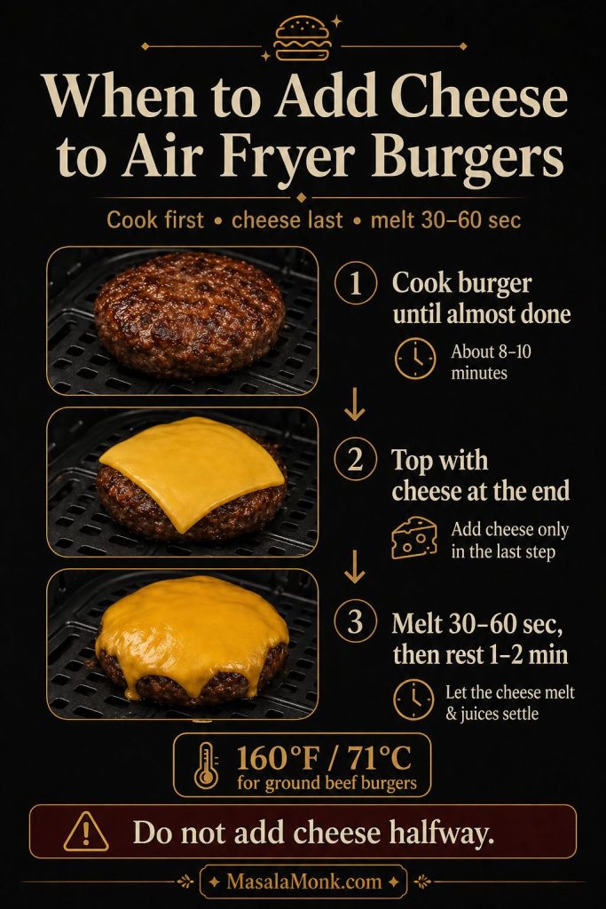Air fryer cheeseburger guide showing cheese added at the end of cooking, melted cheese on the patty, and a reminder not to add cheese halfway.