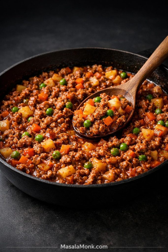 Pork giniling cooking in a skillet with ground pork, tomato sauce, diced potatoes, carrots, peas, and a wooden spoon.