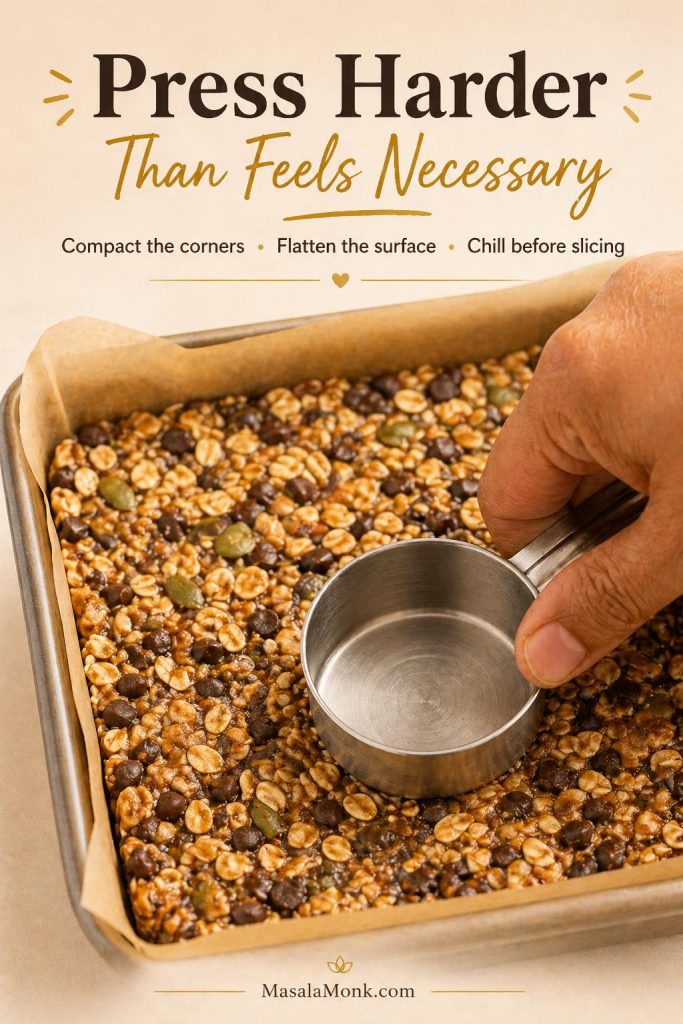 Close-up of a measuring cup pressing homemade granola bar mixture firmly into a parchment-lined pan.