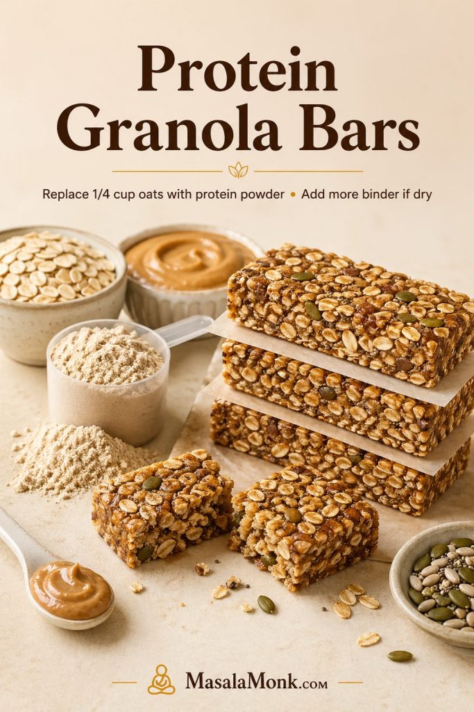 Protein granola bars shown with oats, protein powder, nut butter, seeds, and stacked finished bars.