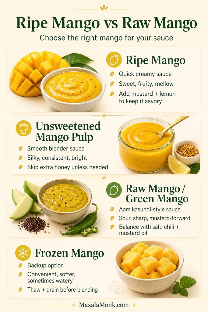 Comparison guide showing ripe mango, unsweetened mango pulp, raw green mango, and frozen mango for making mango mustard sauce or aam kasundi-style sauce.